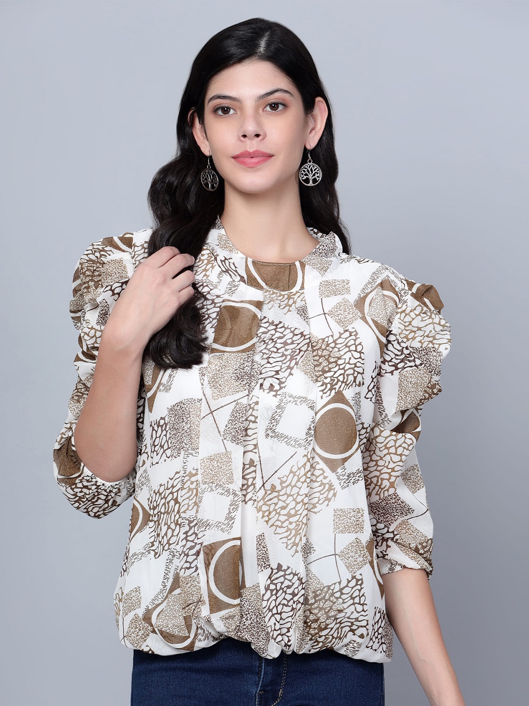 

SKY HEIGHTS Abstract Printed Hight Neck Puff Sleeve Georgette Blouson Top, White