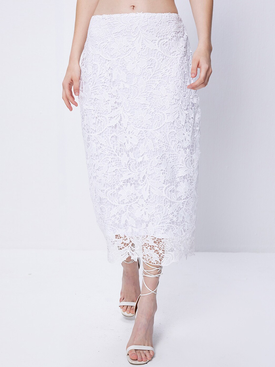 

COVER STORY Self Design Lace Midi Pencil Skirt, White