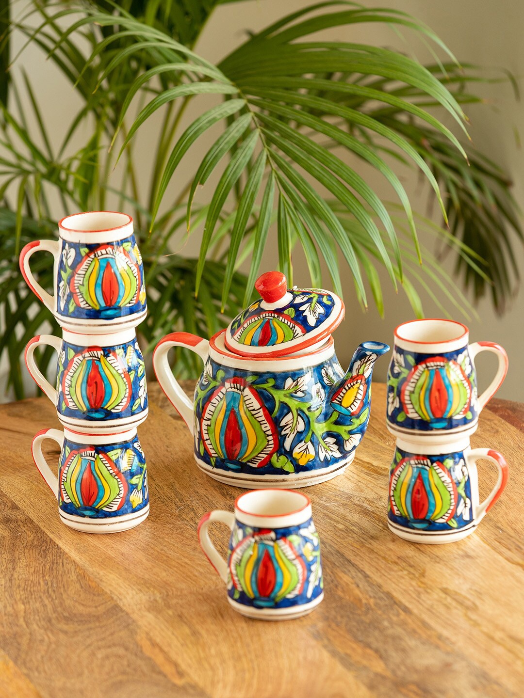

ExclusiveLane 7 Pcs Red & Blue Mughal Floral Hand Painted Ceramic Glossy Kettle Set