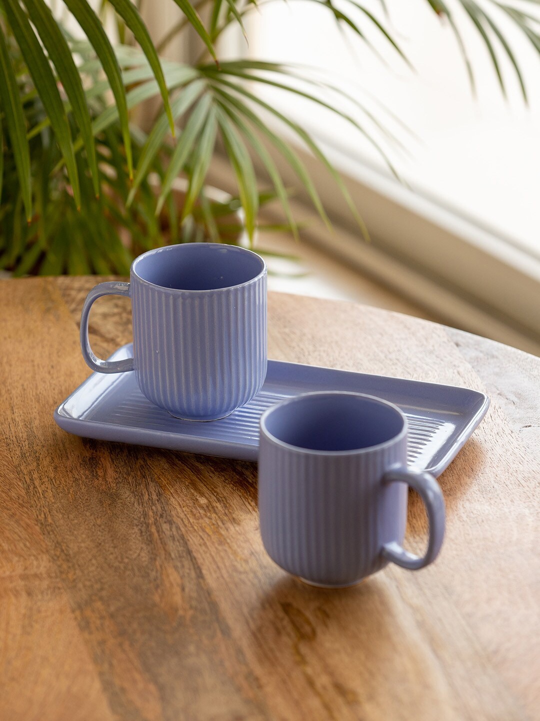 

ExclusiveLane 3 Pcs Blue Textured Ceramic Matte Coffee Mugs with Tray