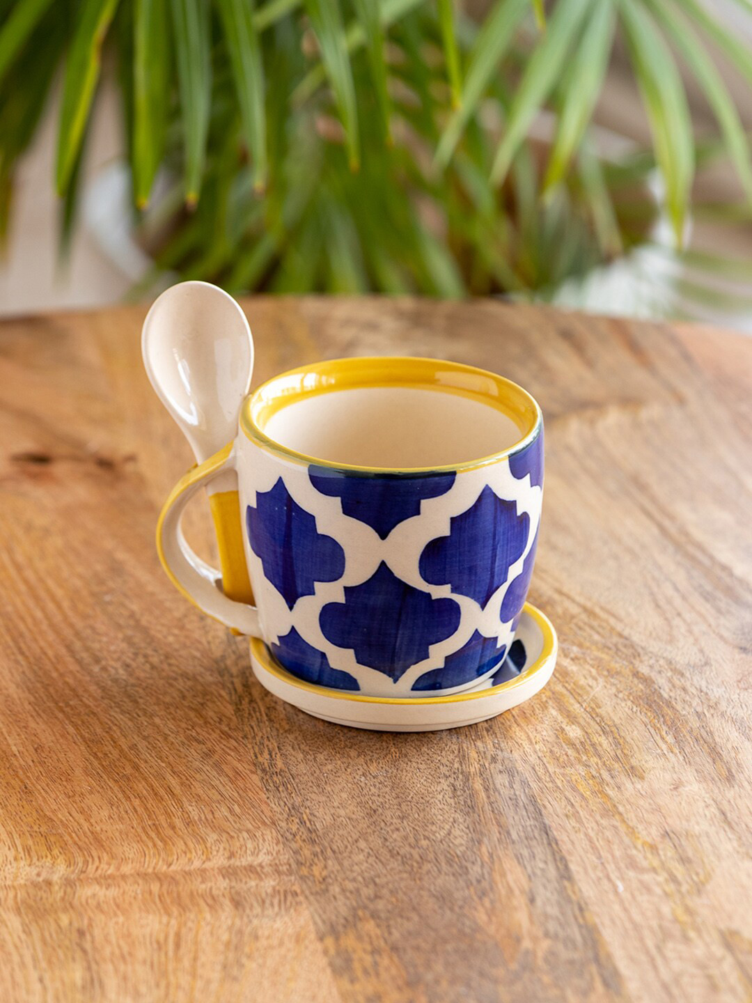 

ExclusiveLane 3 PC White & Blue Printed Ceramic Glossy Mug With Coaster And Spoon