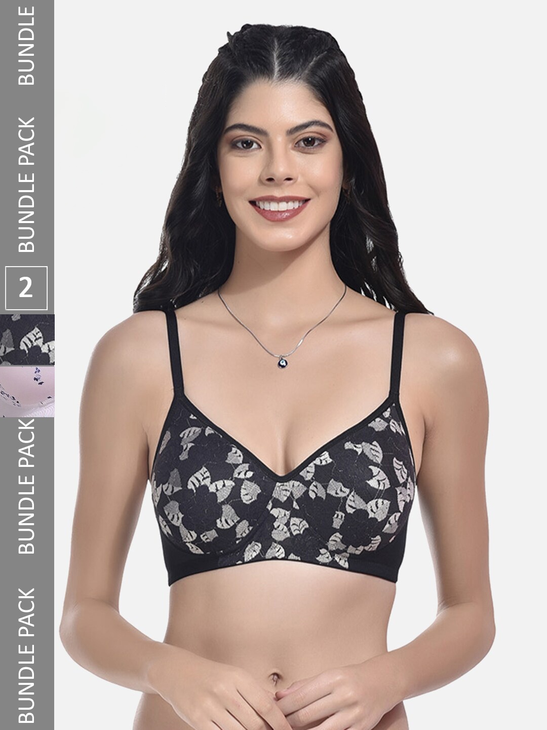 

StyFun Pack of 2 Floral Printed Bra Full Coverage Lightly Padded, Black