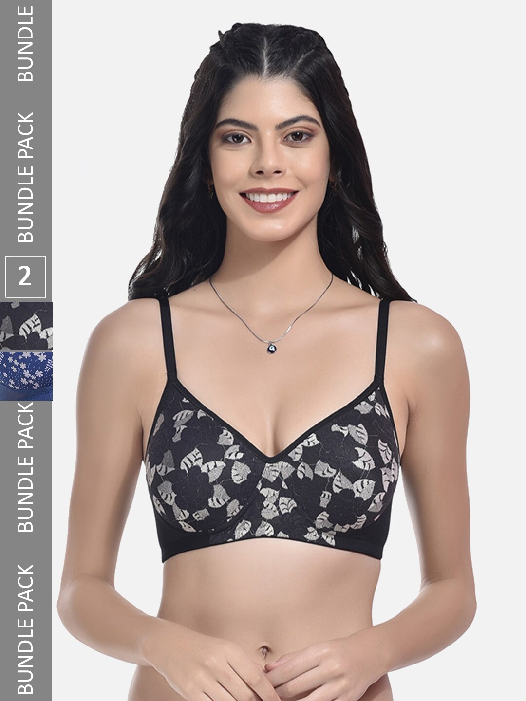 

StyFun Pack Of 2 Floral Full Coverage All Day Comfort Lightly Padded Bra, Black