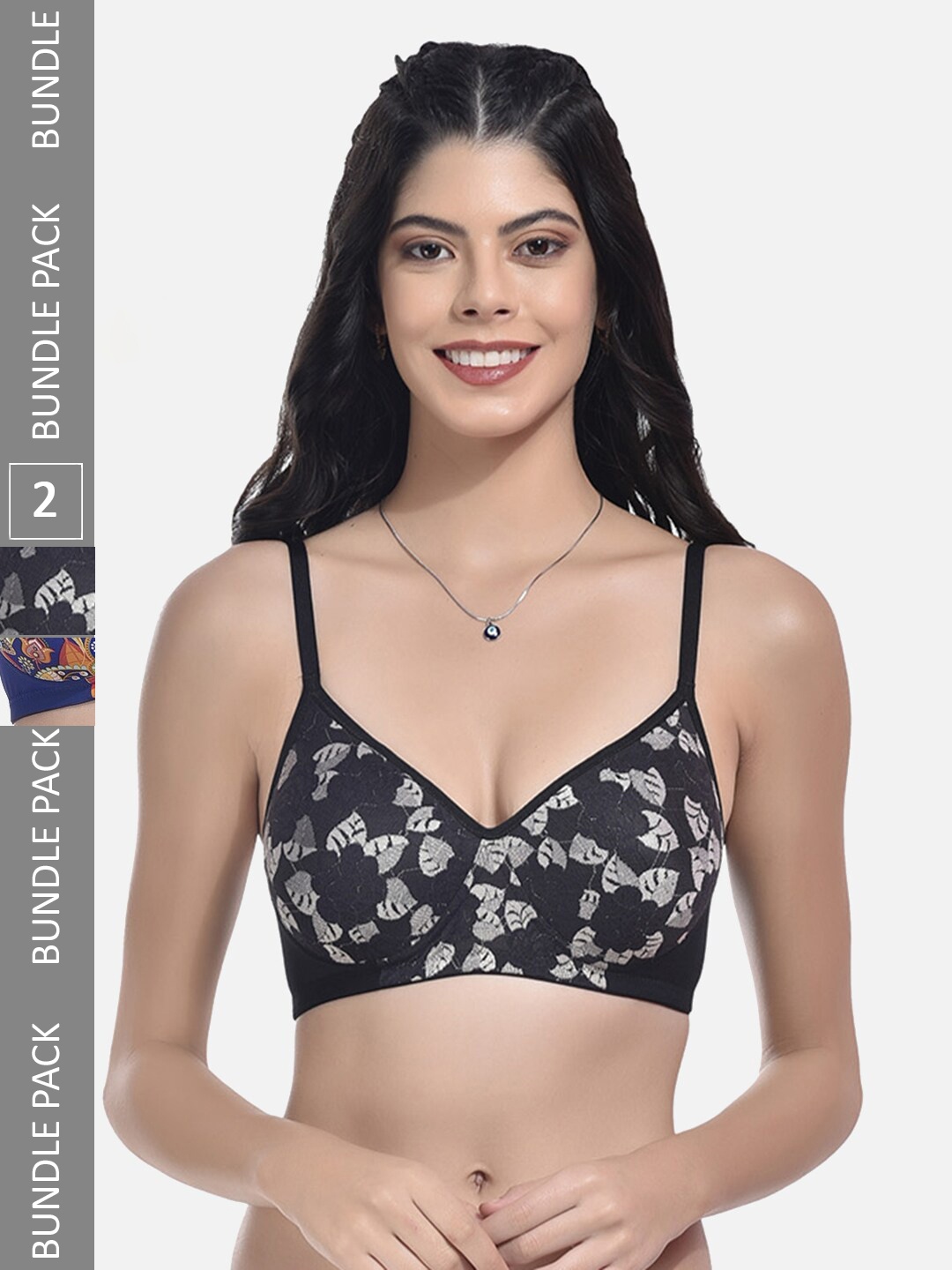 

StyFun Pack of 2 Floral Printed Bra Full Coverage Lightly Padded, Black