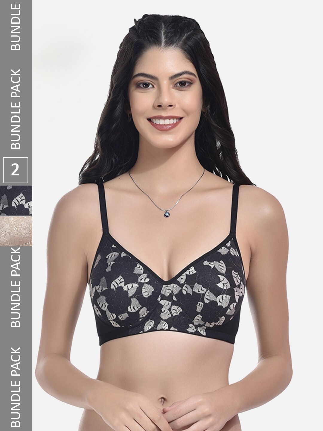 

StyFun Pack of 2 Self Design Full Coverage Lightly Padded With Bra All Day Comfort, Black