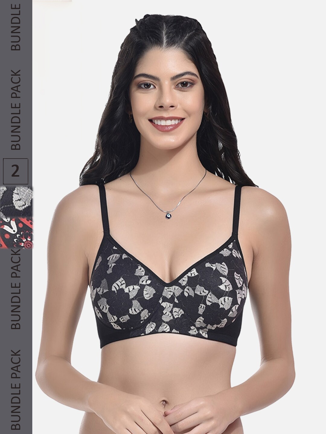 

StyFun Pack Of 2 Floral Full Coverage All Day Comfort Lightly Padded Bra, Black