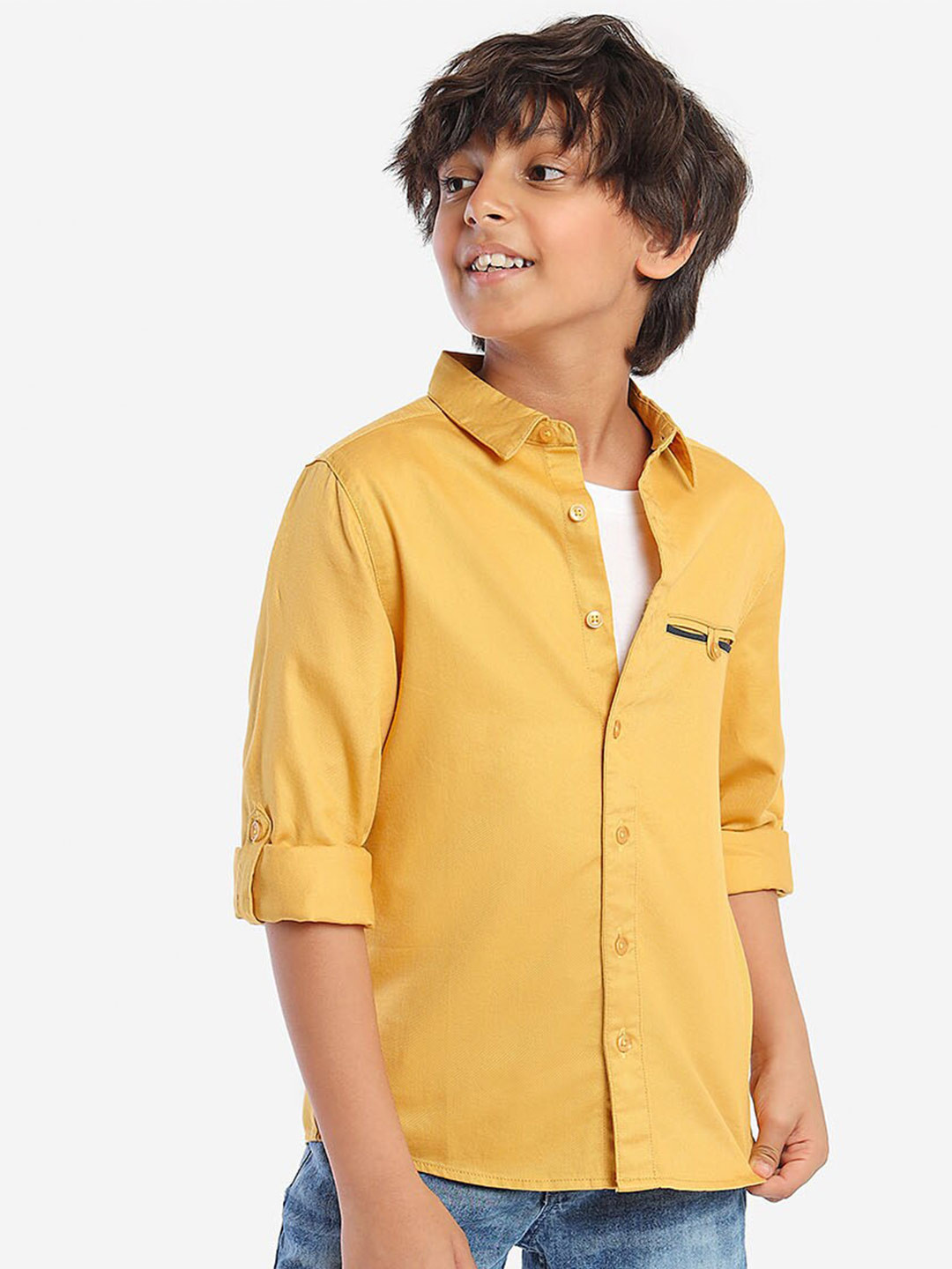 

BONKIDS Boys Spread Collar Roll-Up Sleeve Standard Opaque Cotton Casual Shirt, Mustard