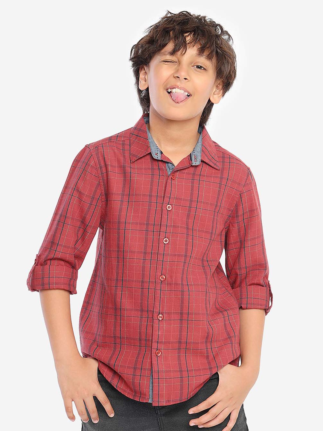 

BONKIDS Boys Spread Collar Standard Cotton Checked Casual Shirt, Red