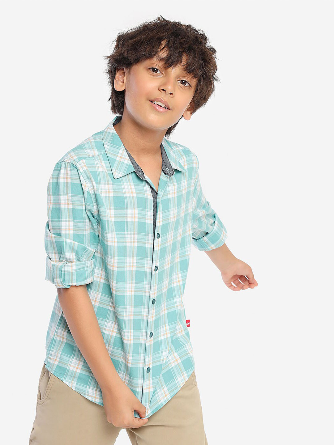 

BONKIDS Boys Spread Collar Standard Opaque Checked Cotton Casual Shirt, Blue