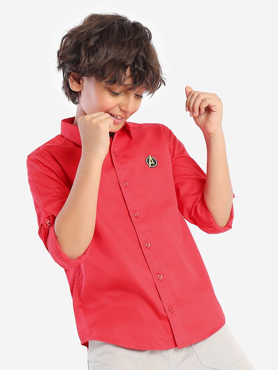 

BONKIDS Boys Spread Collar Thread Work Standard Opaque Cotton Casual Shirt, Red