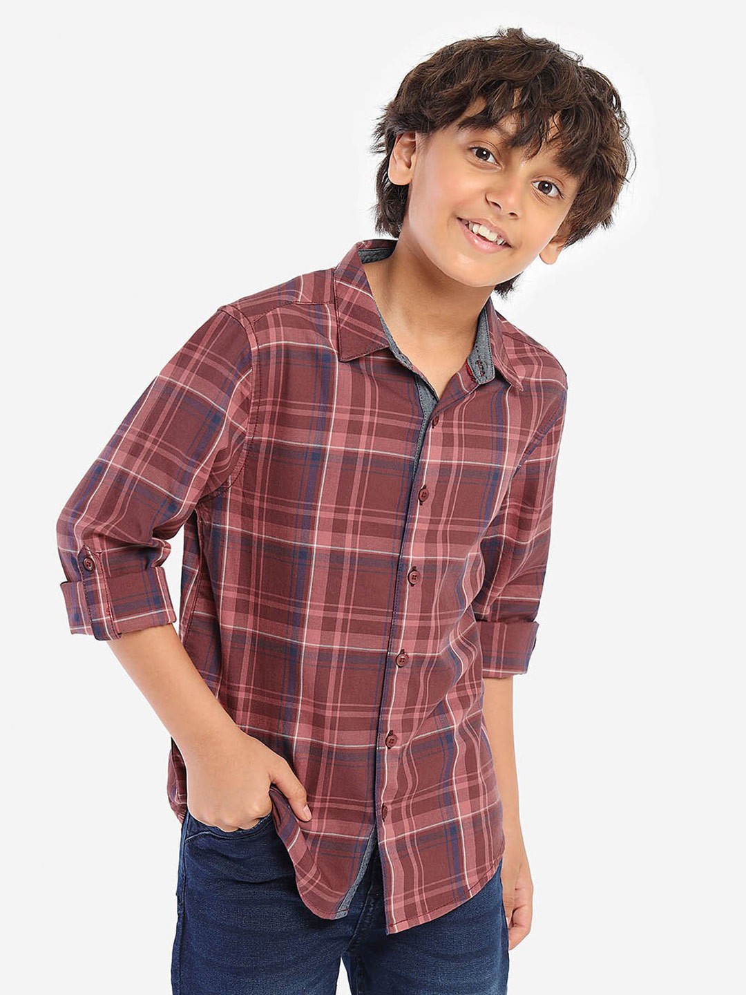

BONKIDS Boys Standard Tartan Checked Spread Collar Roll-Up Sleeves Cotton Casual Shirt, Maroon