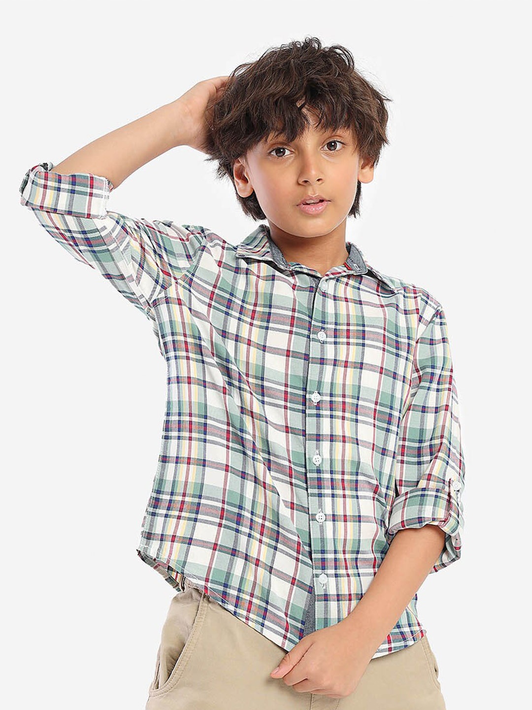 

BONKIDS Boys Standard Tartan Checked Spread Collar Cotton Casual Shirt, Green