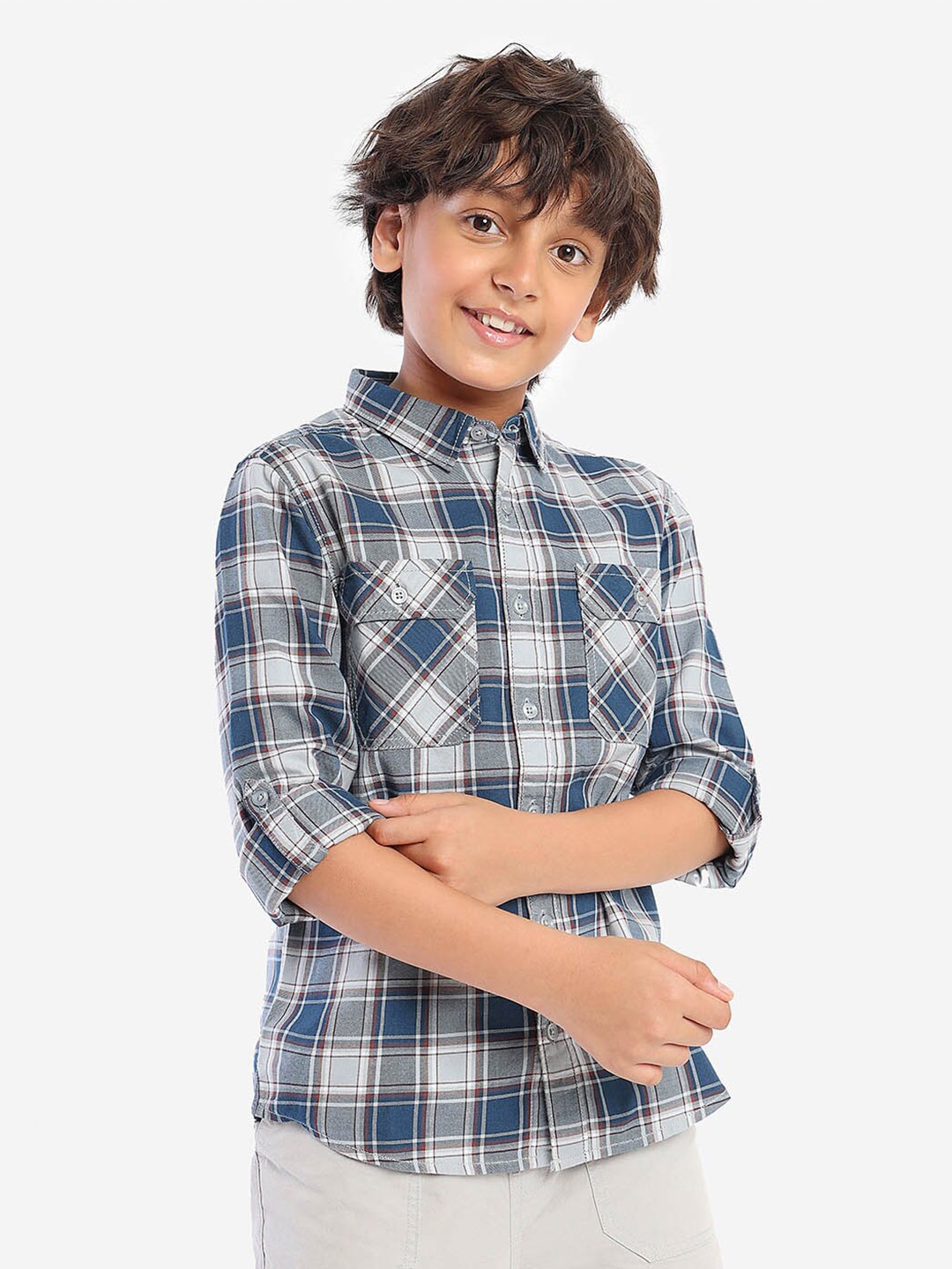 

BONKIDS Boys Standard Tartan Checked Spread Collar Roll-Up Sleeves Cotton Casual Shirt, Blue