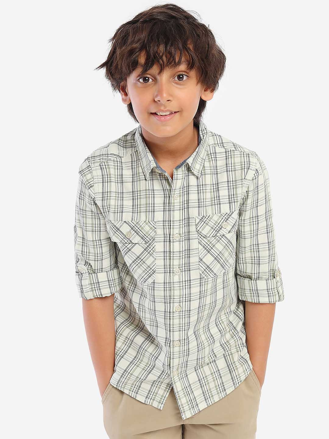 

BONKIDS Boys Standard Tartan Checked Spread Collar Cotton Casual Shirt, Cream