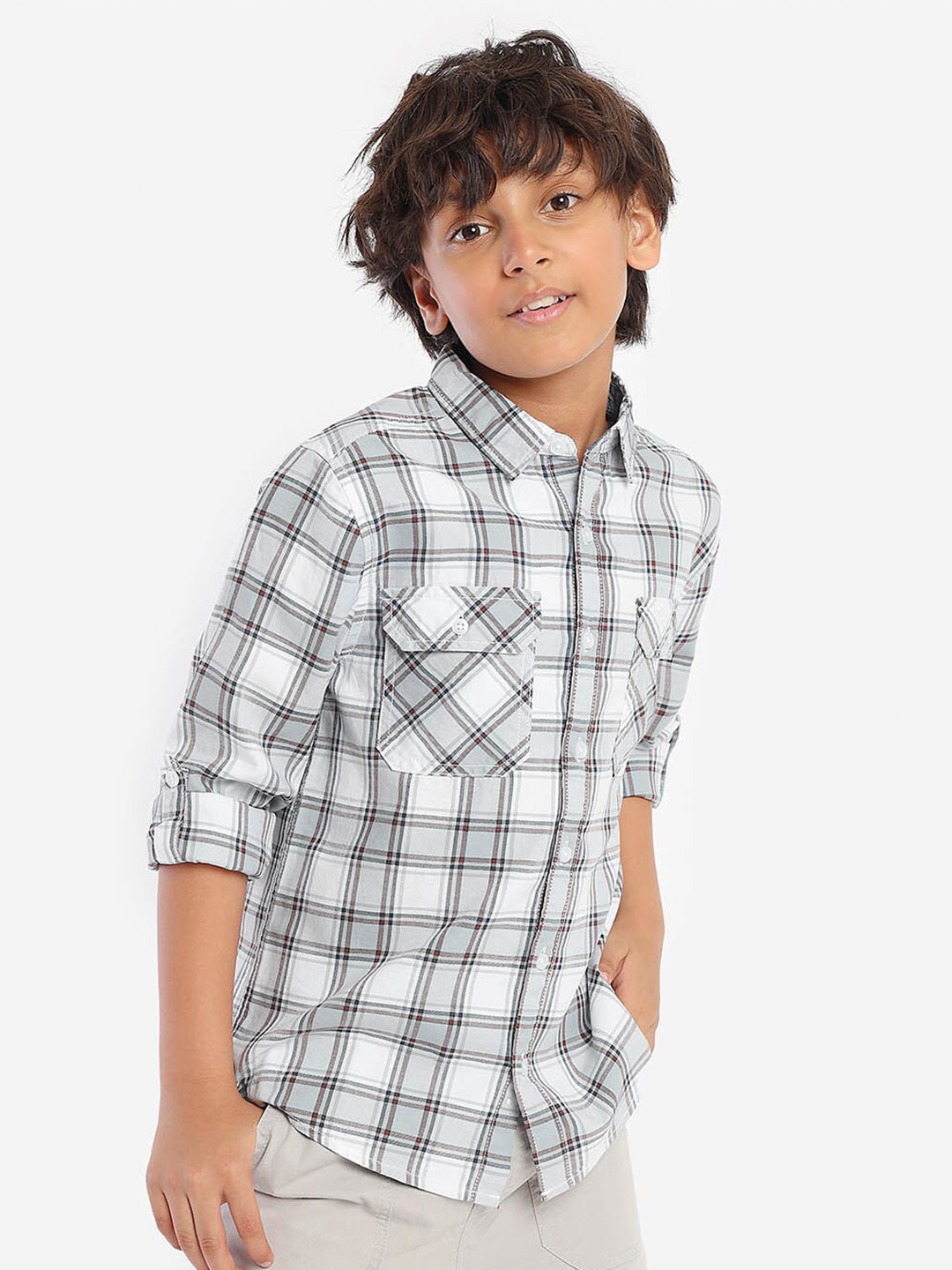 

BONKIDS Boys Standard Spread Collar Roll-Up Sleeves Checked Cotton Casual Shirt, White