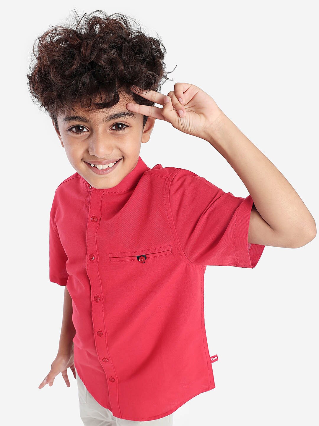 

BONKIDS Boys Band Collar Standard Opaque Cotton Casual Shirt, Red