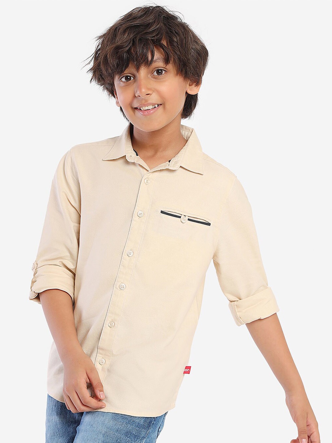 

BONKIDS Boys Standard Spread Collar Roll-Up Sleeves Cotton Casual Shirt, Beige