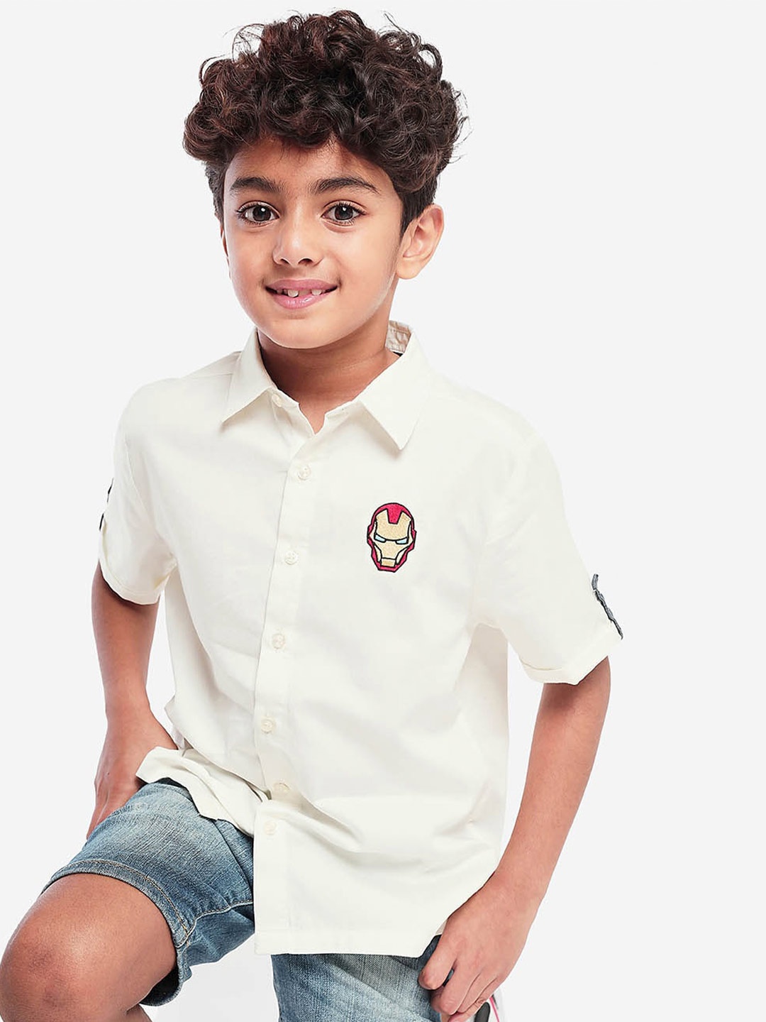 

BONKIDS Boys Standard Iron Man Embroidered Cotton Casual Shirt, Off white