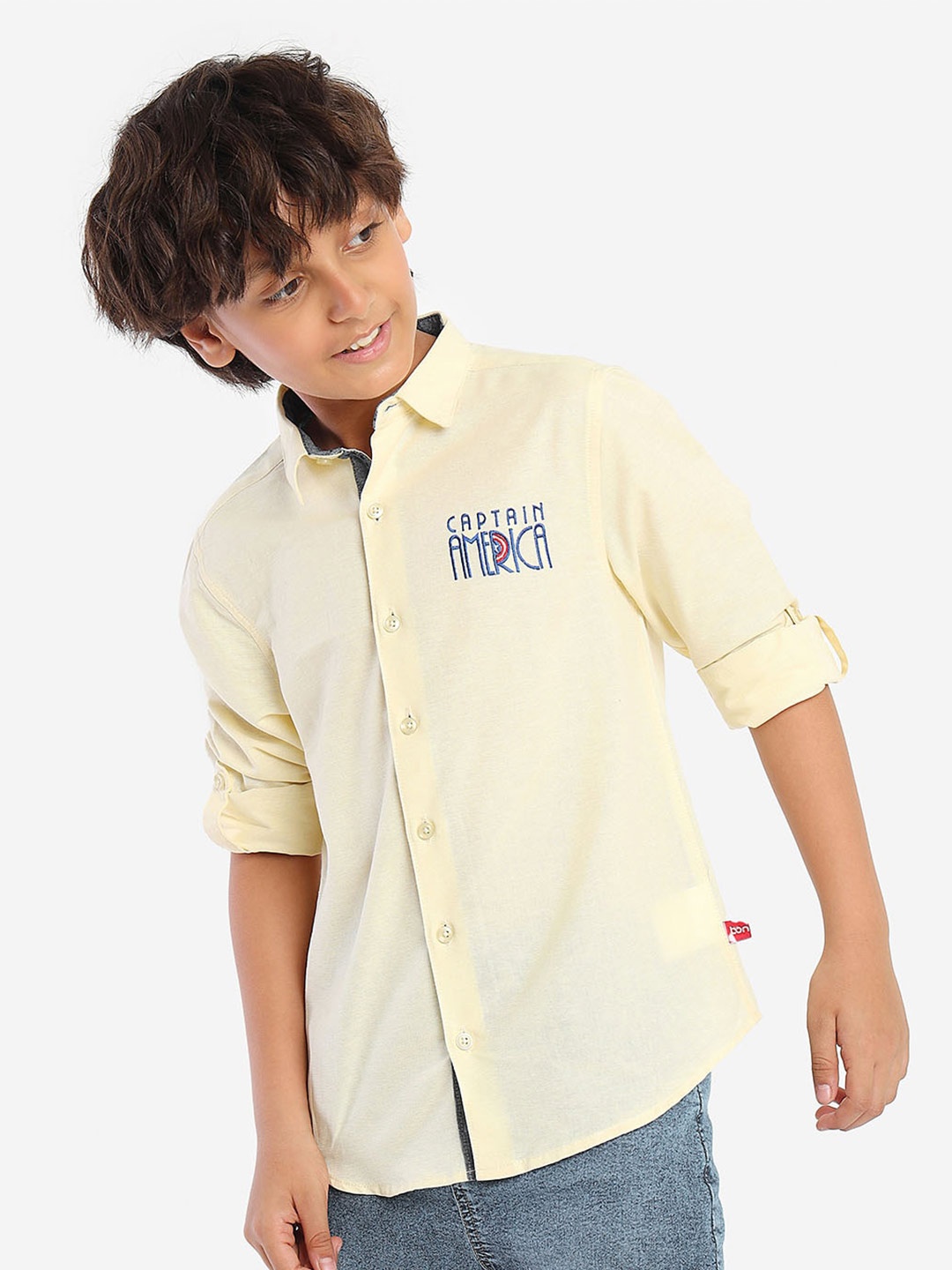 

BONKIDS Boys Standard Embroidered Spread Collar Cotton Casual Shirt, Yellow