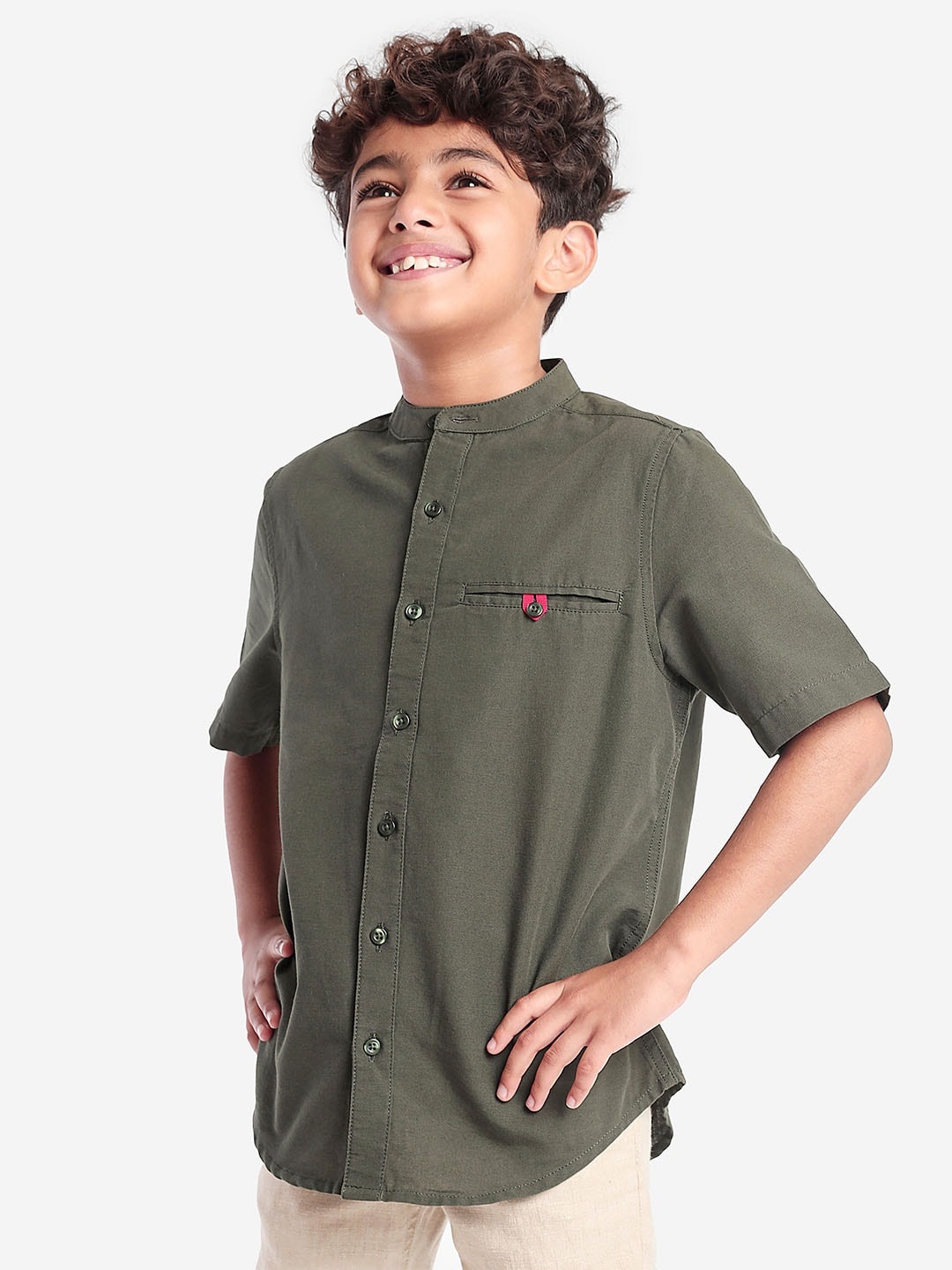 

BONKIDS Boys Standard Band Collar Cotton Casual Shirt, Olive