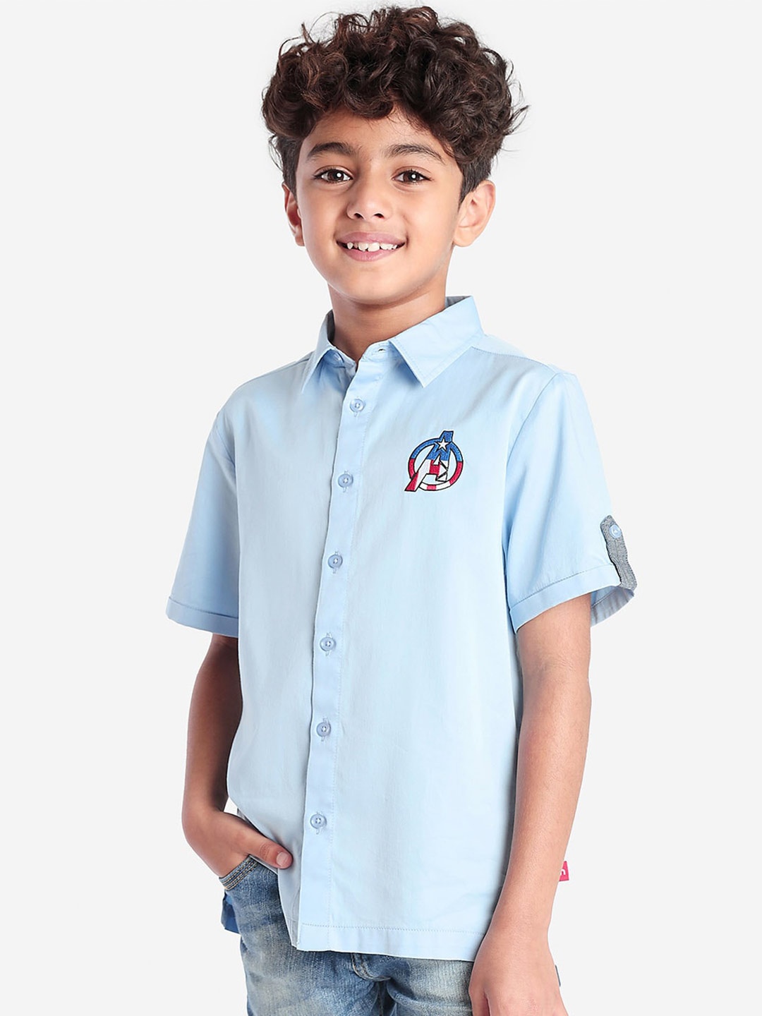 

BONKIDS Boys Spread Collar Thread Work Roll-Up Sleeve Standard Opaque Cotton Casual Shirt, Blue