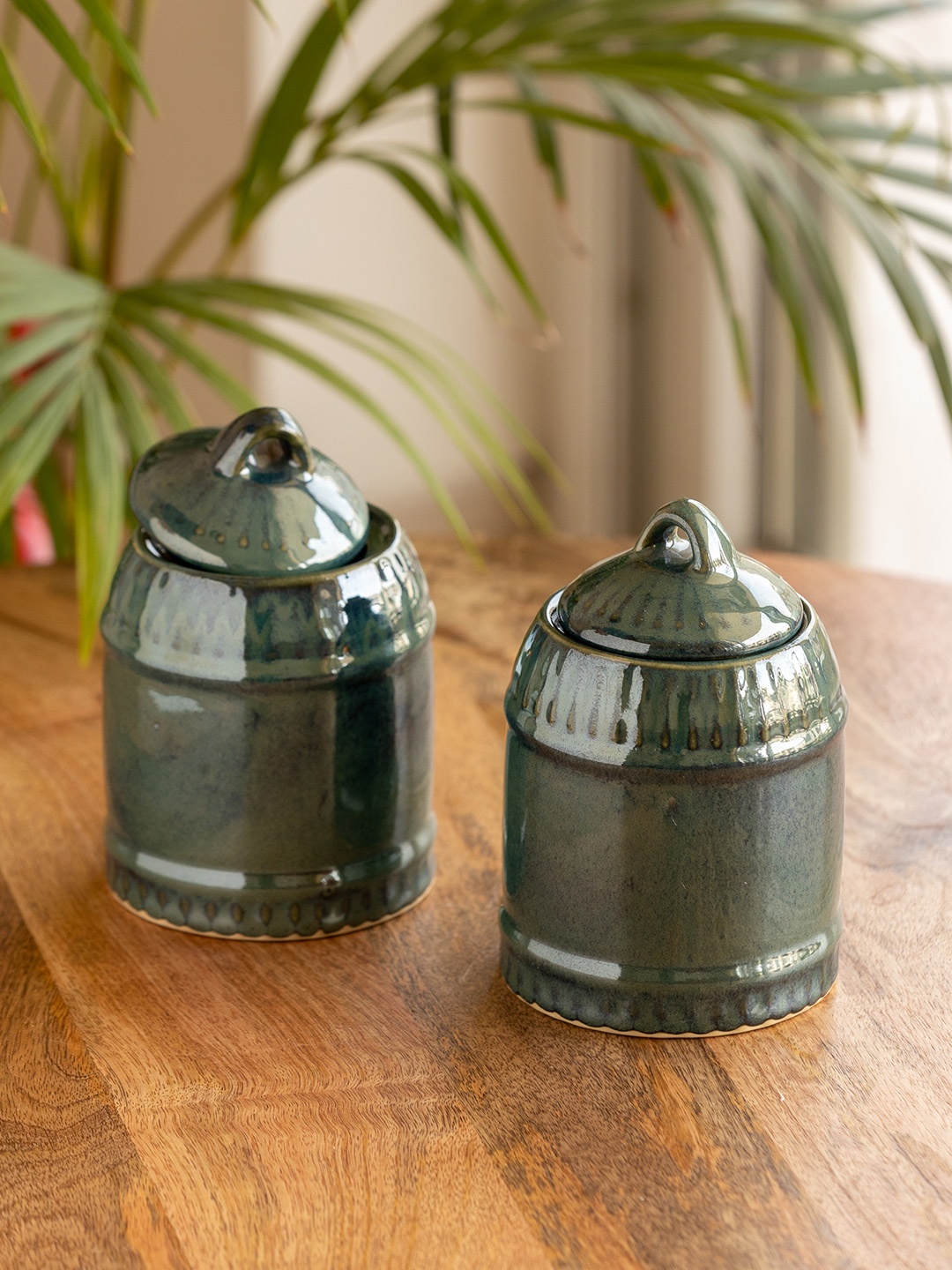 

ExclusiveLane 2-Pcs Green Textured Ceramic Jars - 600 ML Each