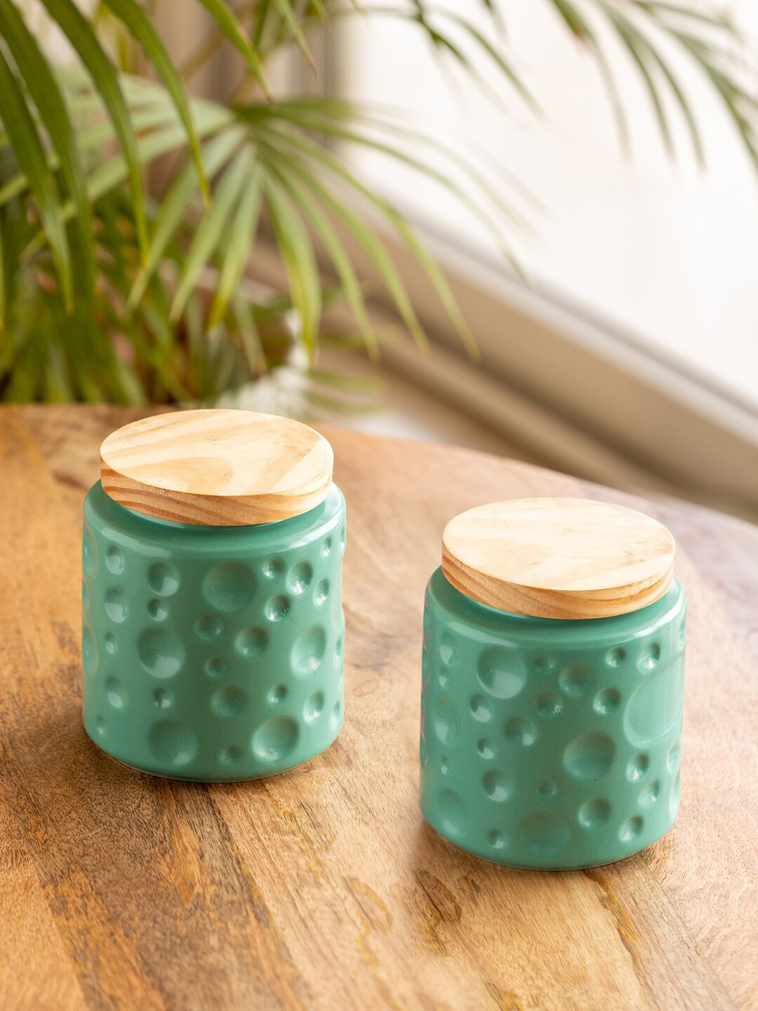 

ExclusiveLane Green & Brown 2 Pieces Textured Ceramic Jars 720ml Each