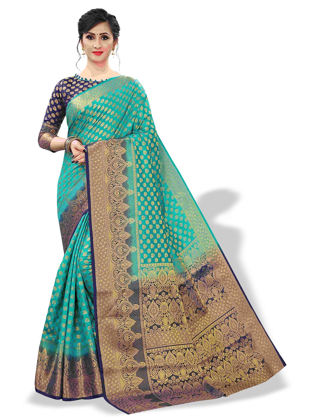 

MAGMINA Ethnic Motif Zari Pure Silk Banarasi Saree With Blouse Piece, Turquoise blue