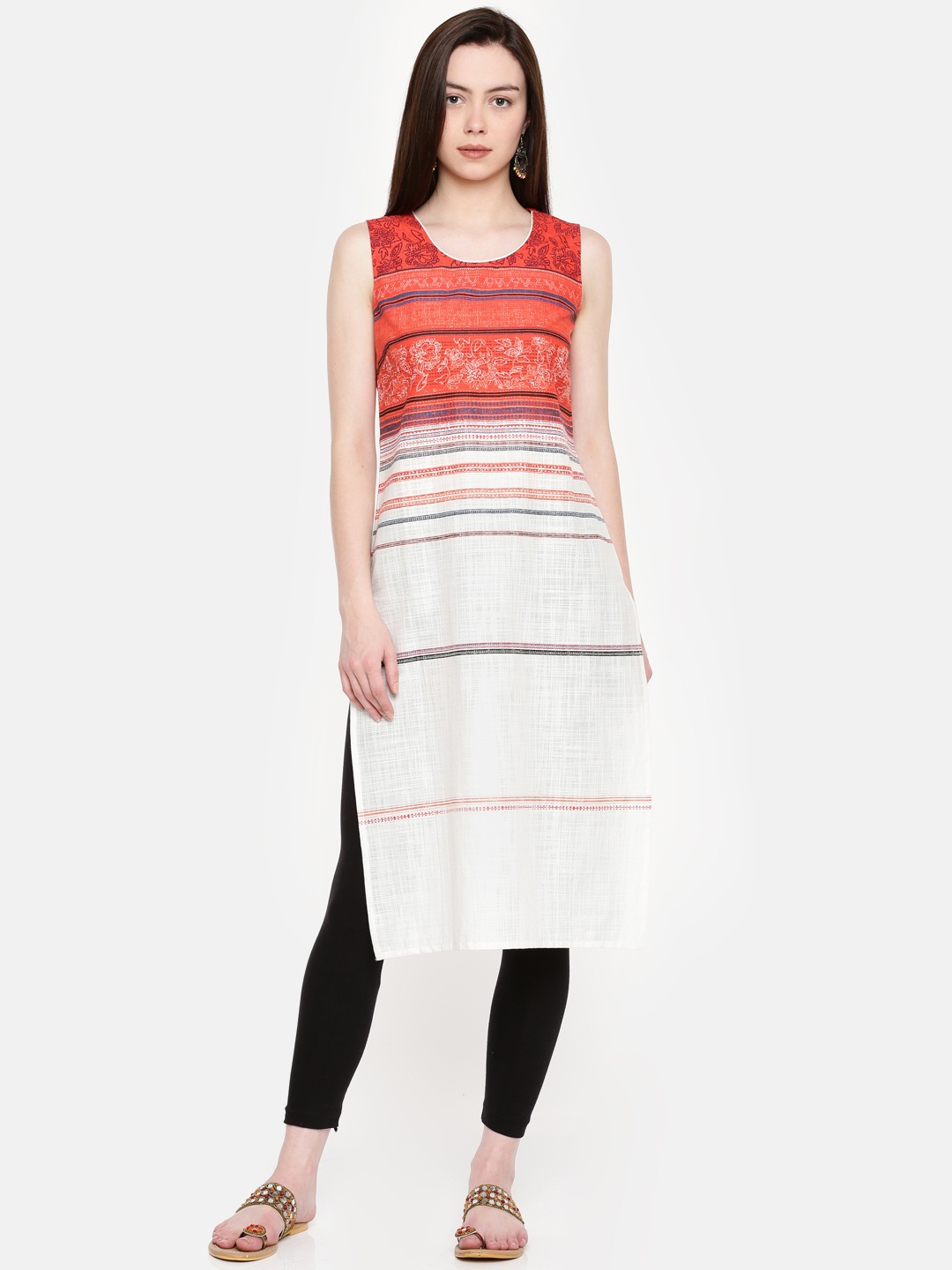 

AURELIA Women White & Orange Striped Straight Kurta