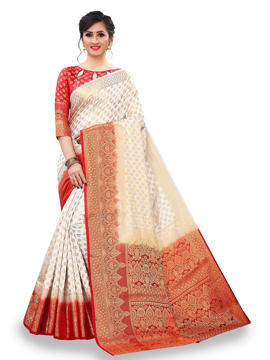 

MAGMINA Ethnic Motif Zari Pure Silk Banarasi Saree With Blouse Piece, White