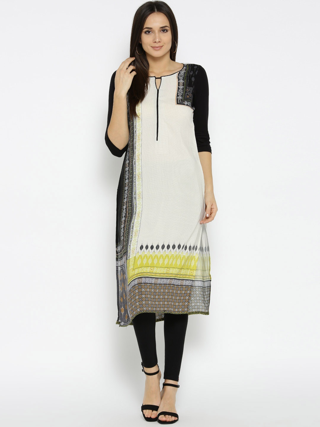 

AURELIA Women Cream-Coloured & Black Printed Straight Kurta