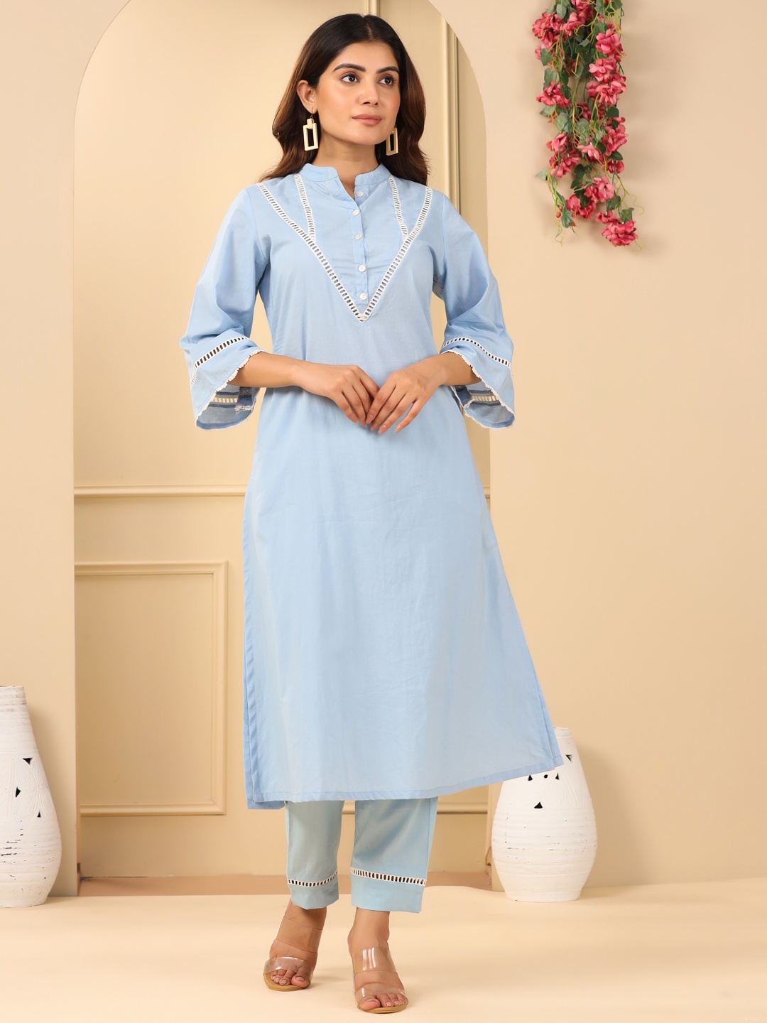 

Adveta Striped Flared Sleeves Thread Work Cotton Kurta, Blue