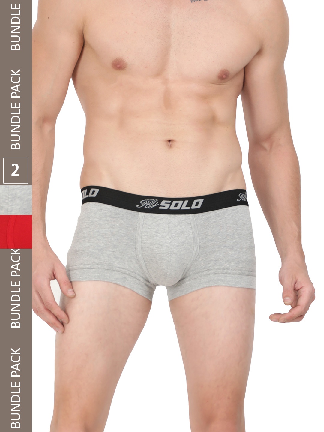 

SOLO Pack Of 2 No Wedgies Short Trunks SGrip-2-Grey Melange,Red-75