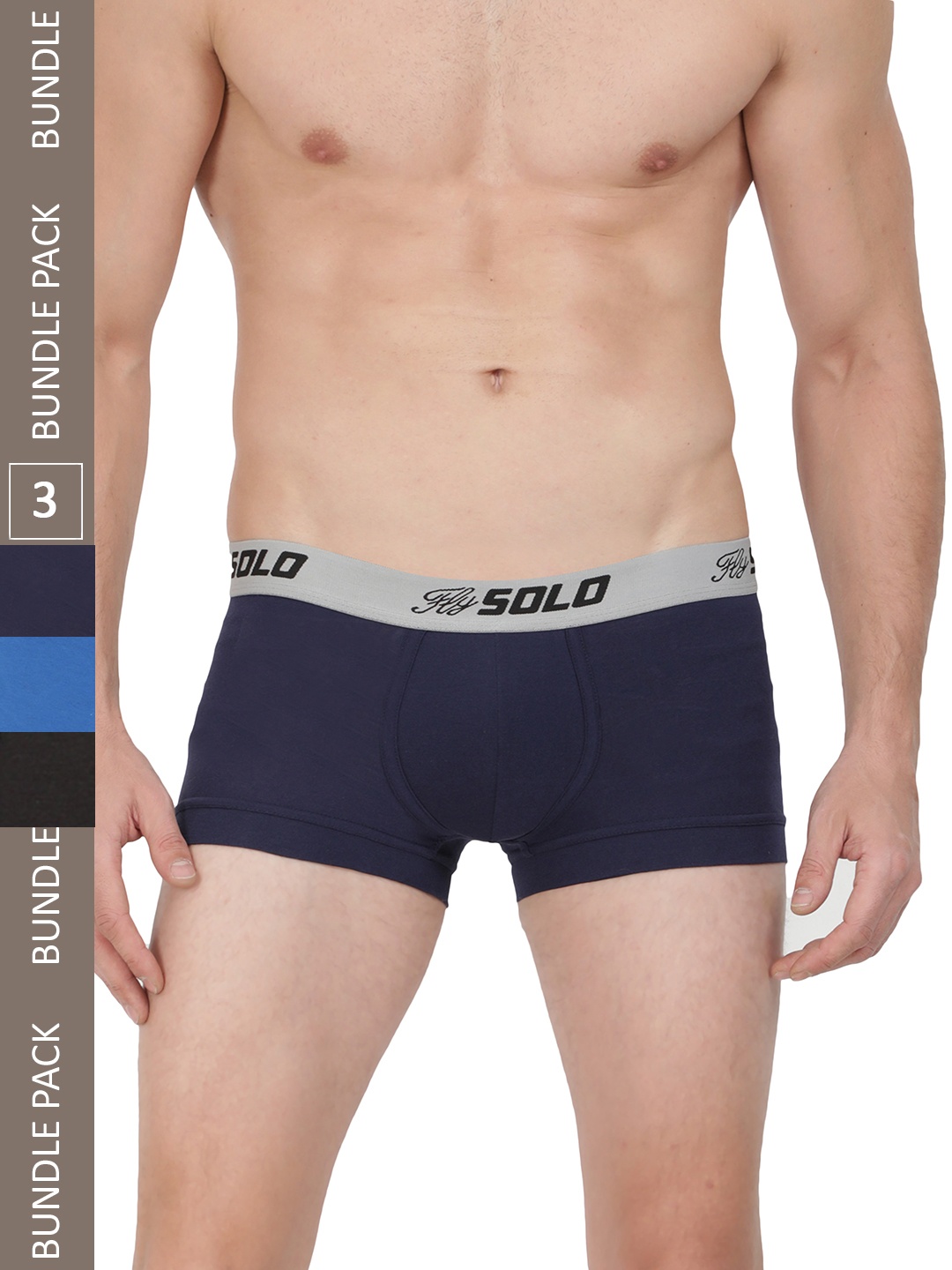 

SOLO Pack Of 3 Ergonomic 3D Pouch Stretch Short Trunks Grip-3-RB-BK-NV-75, Blue