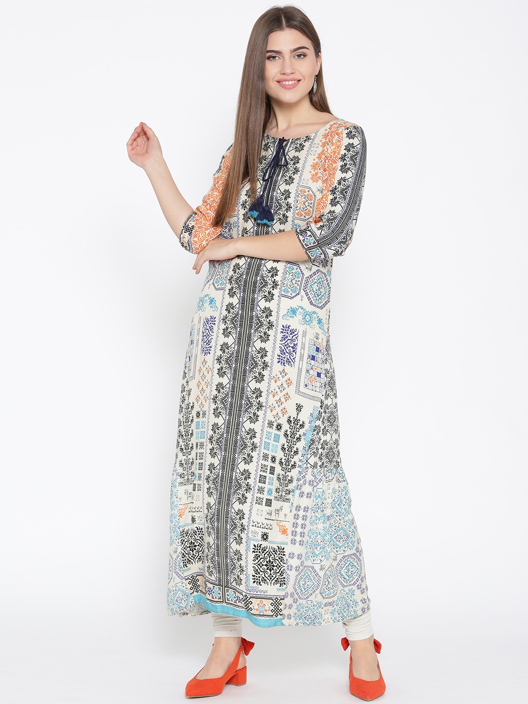 

AURELIA Women Blue & Off-White Printed A-Line Kurta