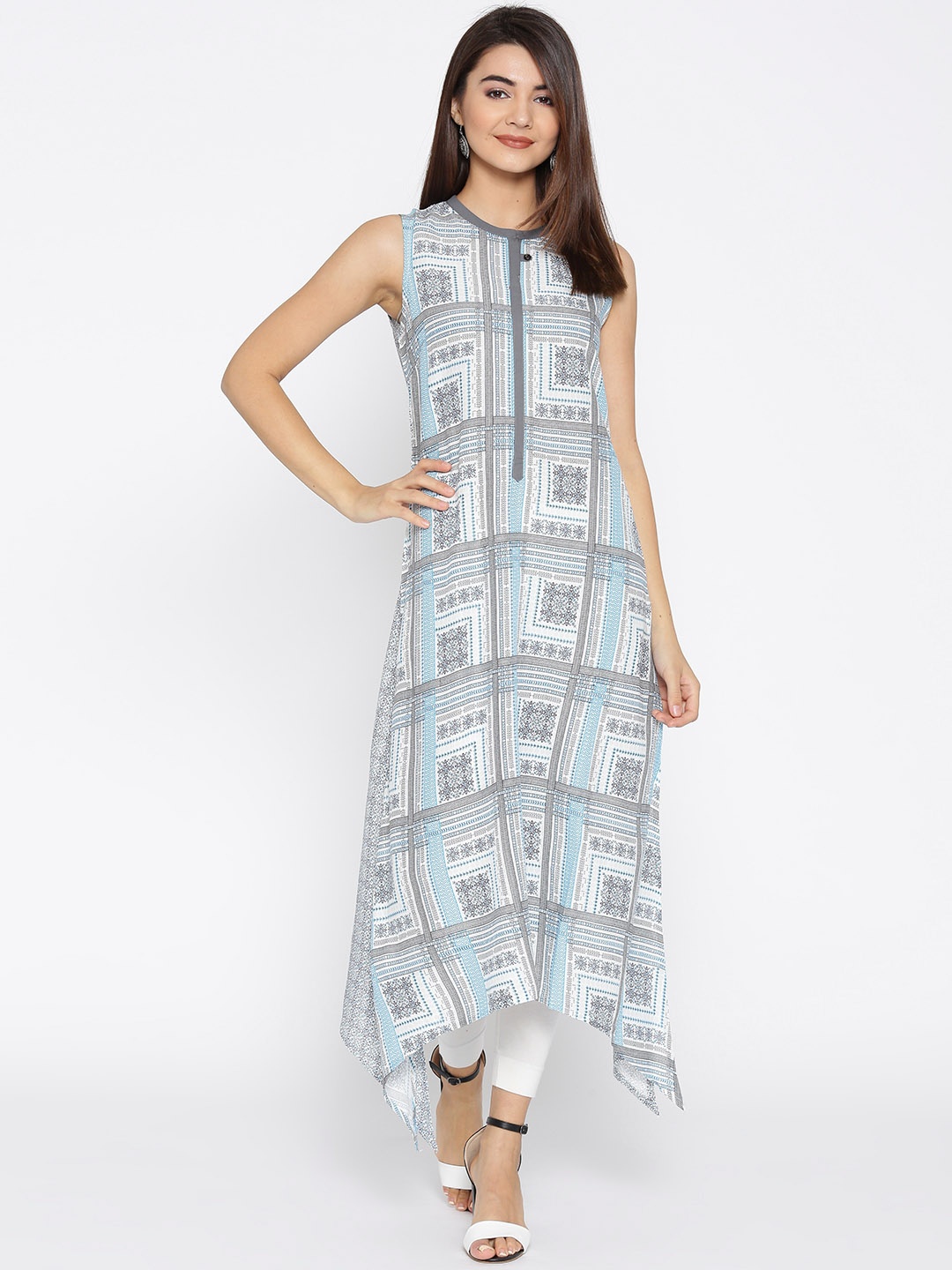 

AURELIA Women White & Blue Printed Asymmetric Hemline A-Line Kurta