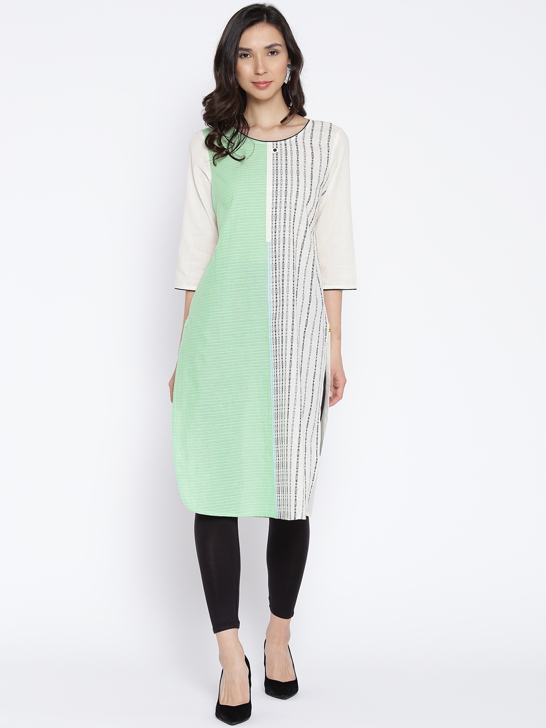 

AURELIA Women Off-White & Green Woven Design Straight Kurta