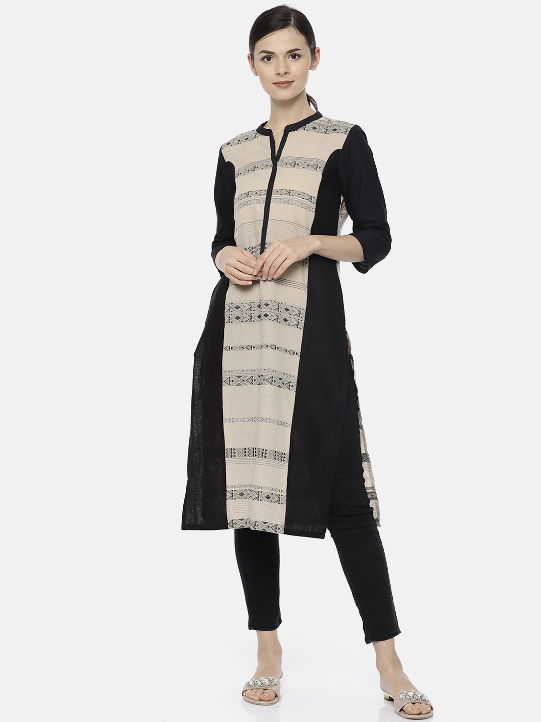 

AURELIA Women Beige & Black Woven Striped Design Straight Kurta