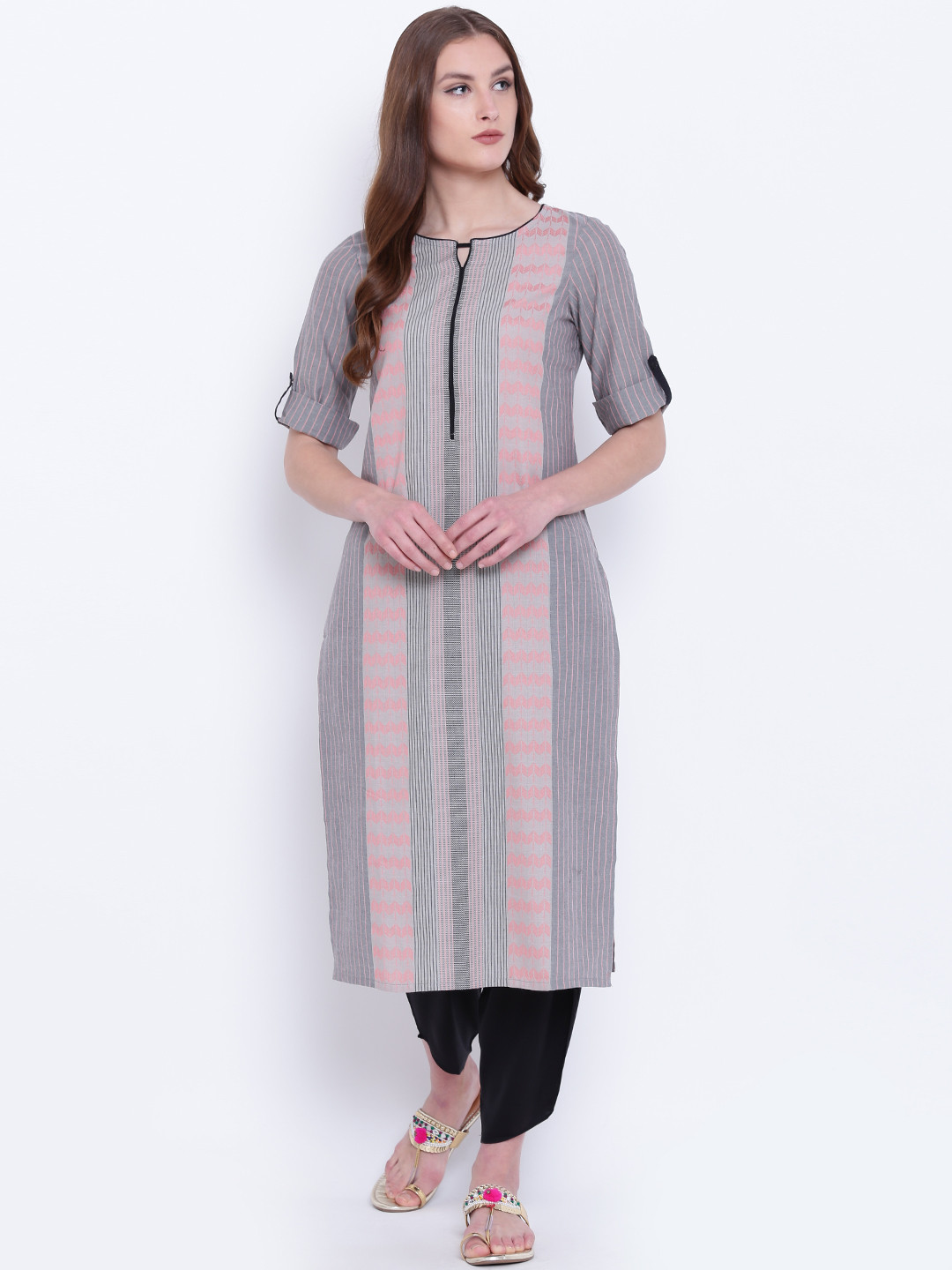 

AURELIA Women Grey & Pink Striped Straight Kurta