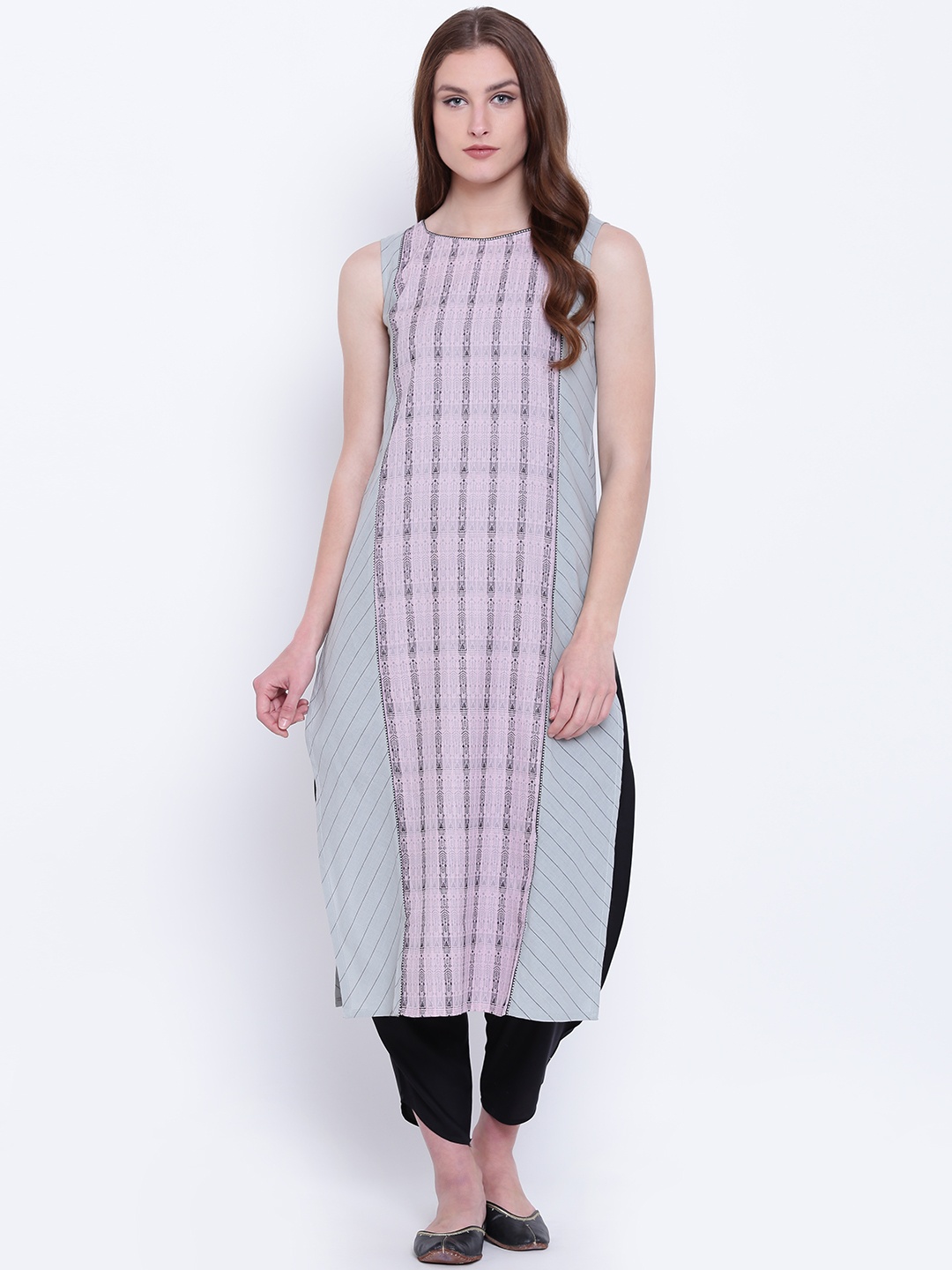 

AURELIA Women Pink & Grey Striped Straight Kurta
