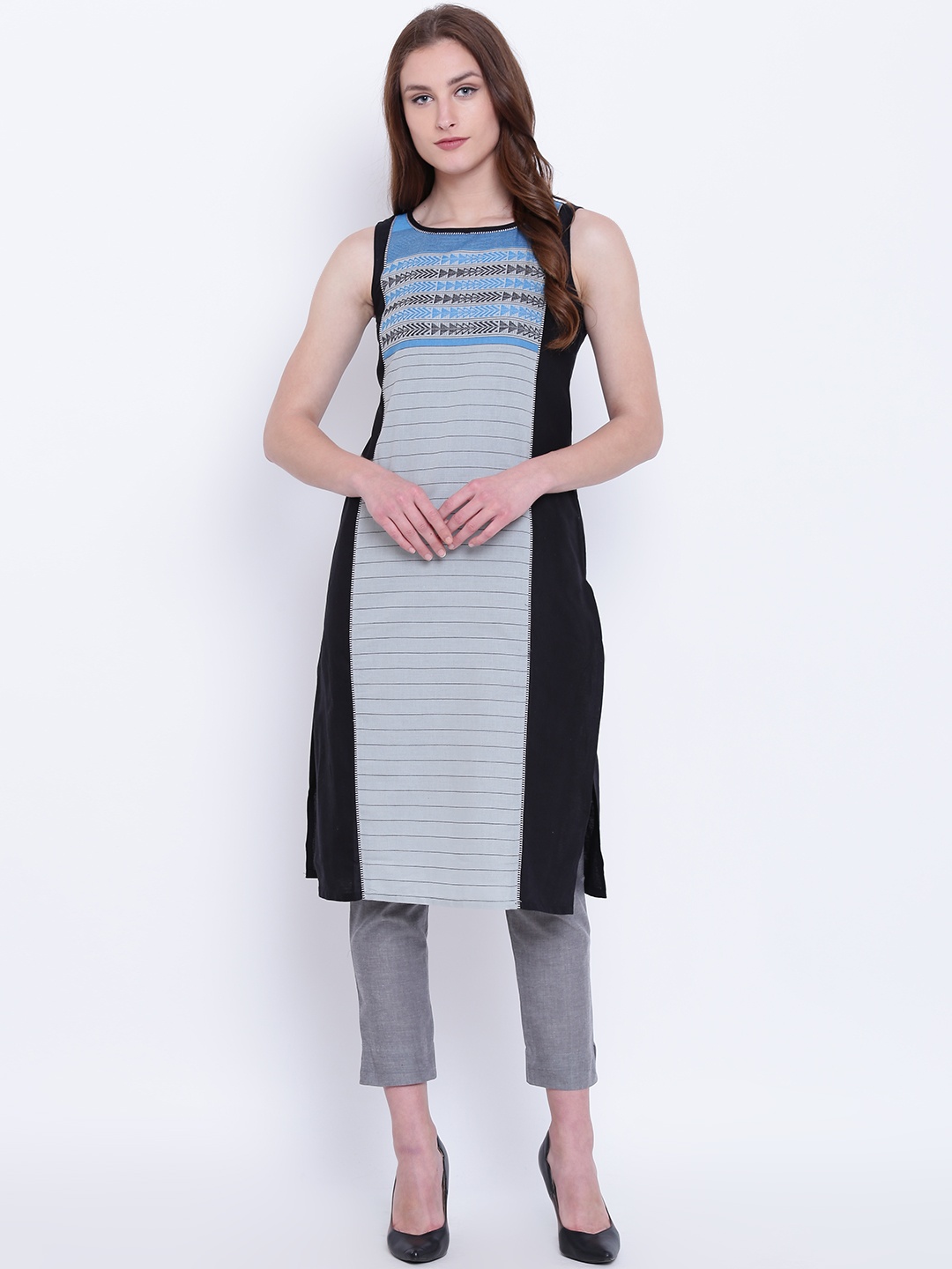 

AURELIA Women Black & Grey Striped Straight Kurta