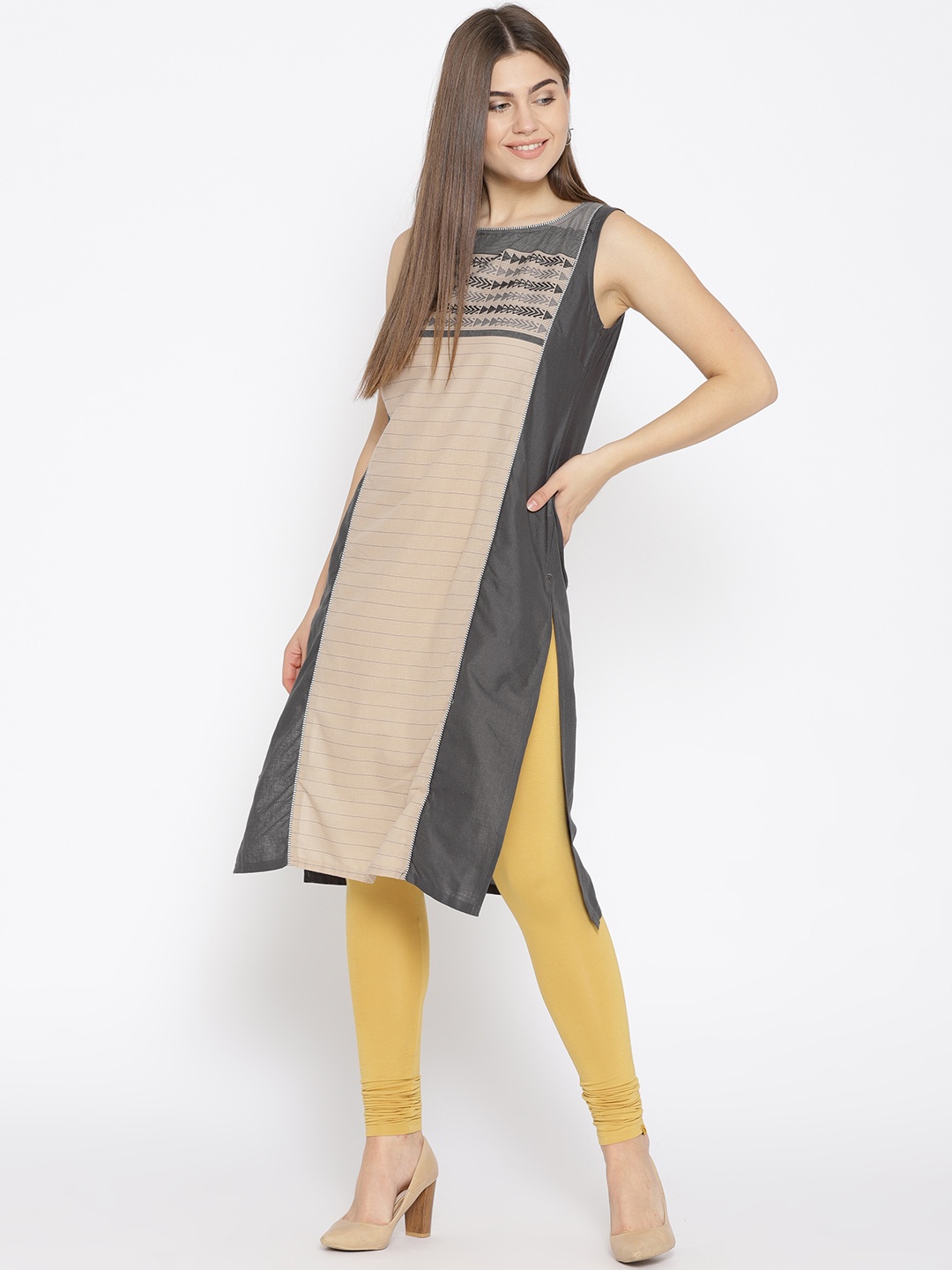 

AURELIA Women Grey & Beige Woven Design Straight Kurta