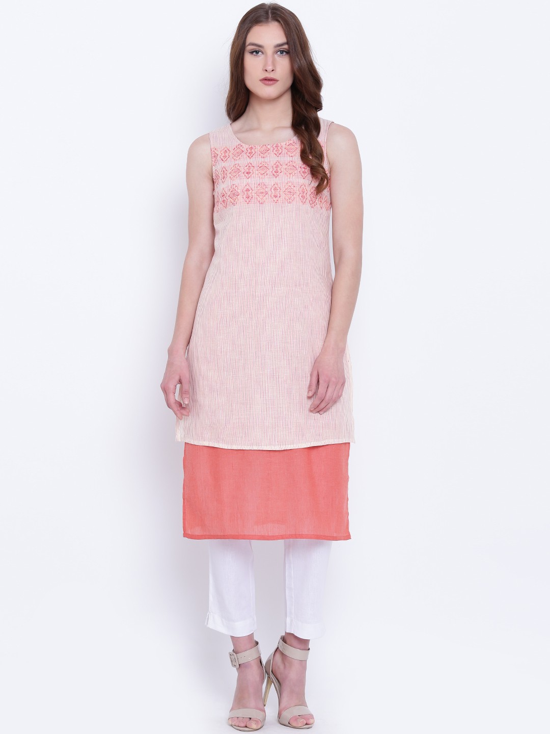 

AURELIA Women Peach-Coloured Striped Layered Straight Kurta