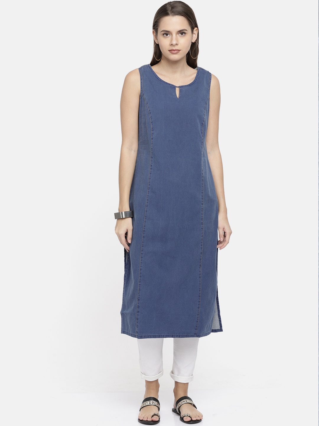 

AURELIA Women Blue Self-Striped Straight Kurta