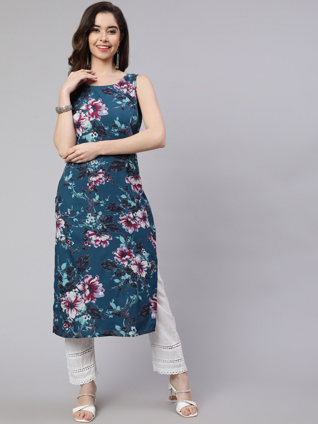 

SAK JAIPUR Floral Printed Sleeveless Round Neck Calf Length Straight Kurta, Blue
