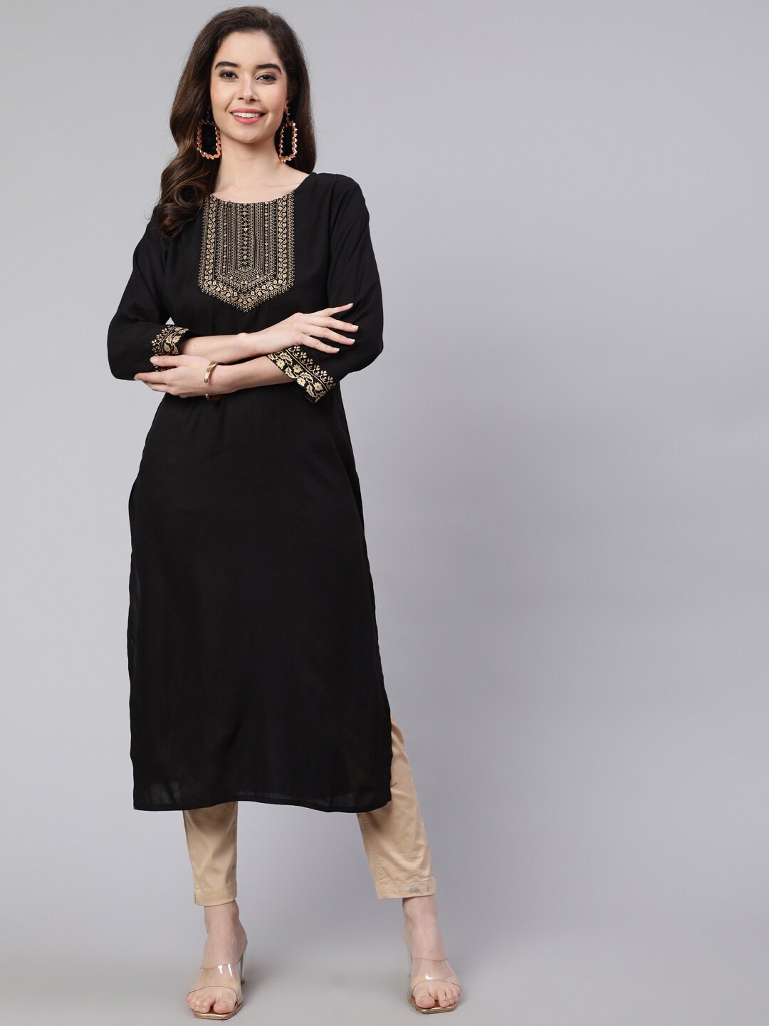 

SAK JAIPUR Ethnic Motifs Yoke Design Kurta, Black