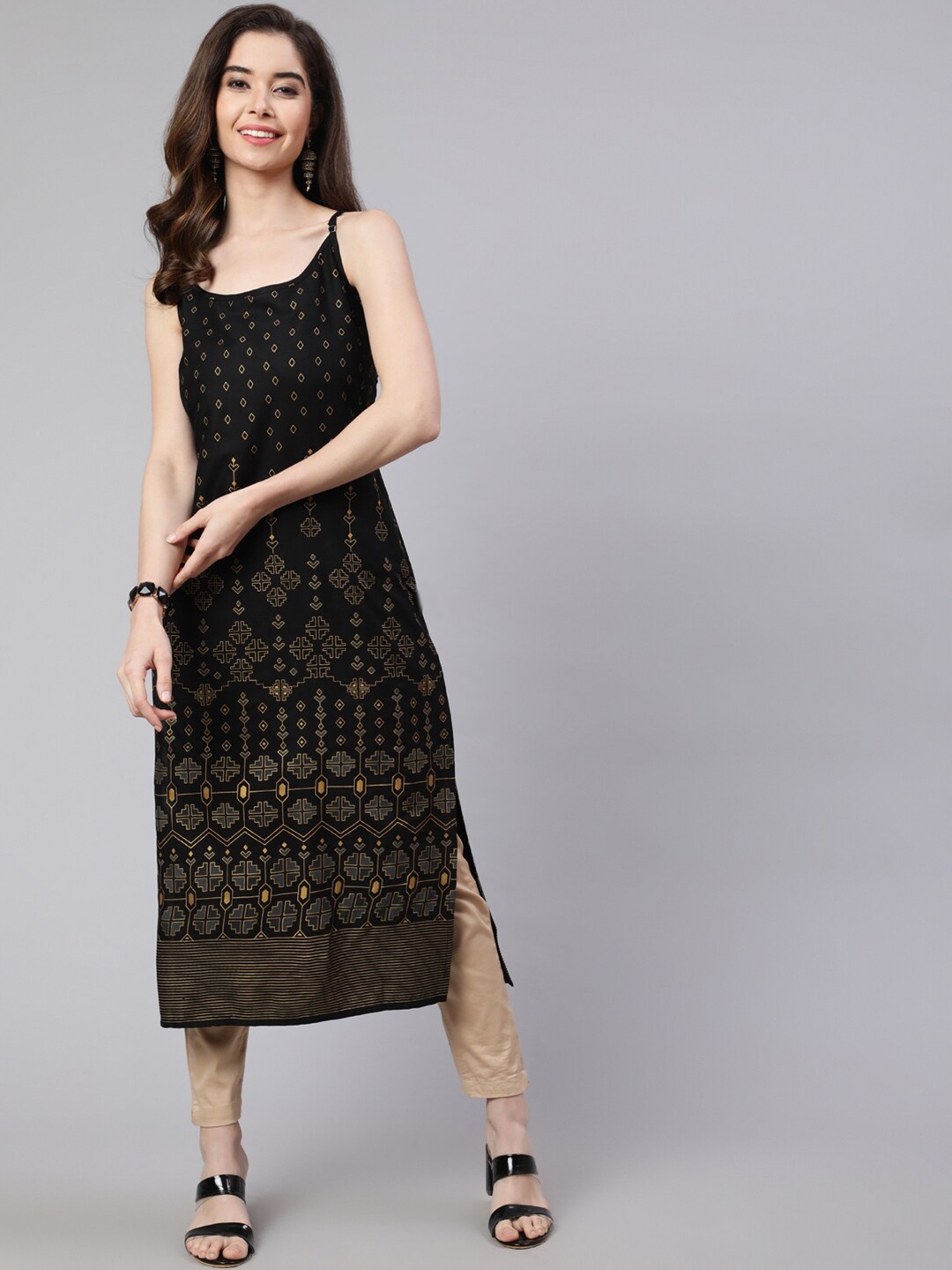 

SAK JAIPUR Geometric Printed Sleeveless Straight Kurta, Black