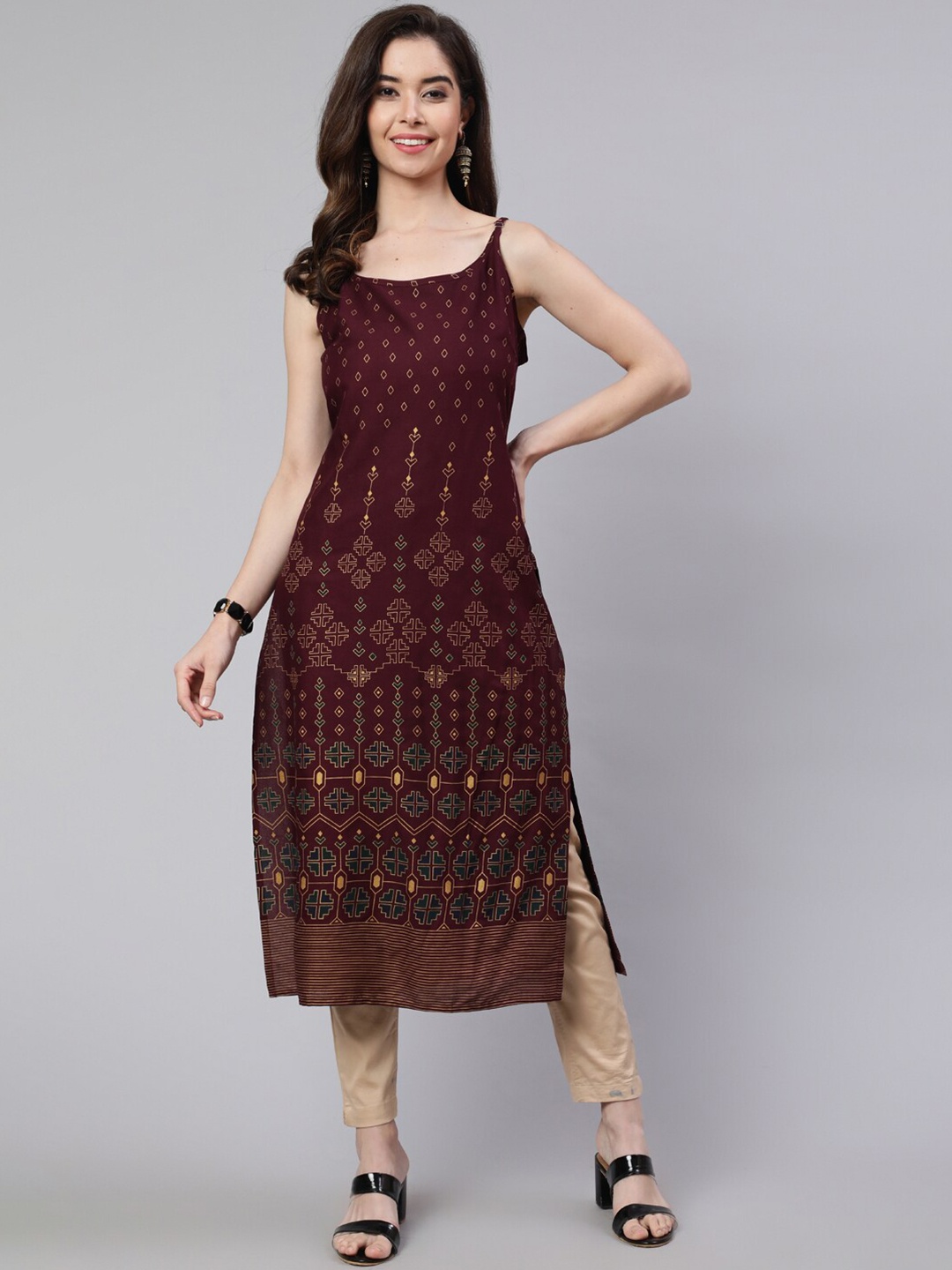 

SAK JAIPUR Geometric Printed Sleeveless Straight Kurta, Brown