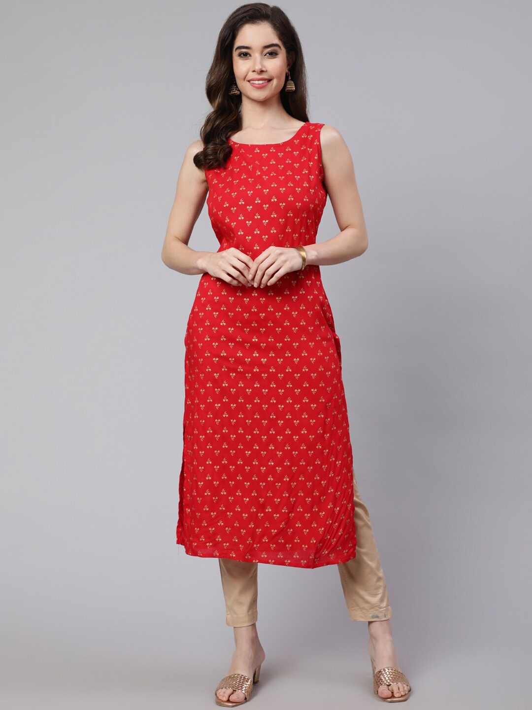 

SAK JAIPUR Floral Printed Sleeveless Straight Kurta, Red