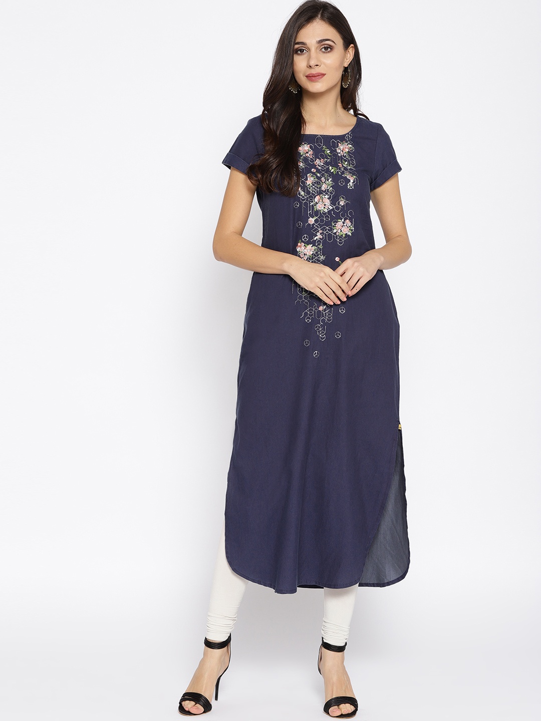 

AURELIA Women Navy Blue Embroidered Straight Kurta